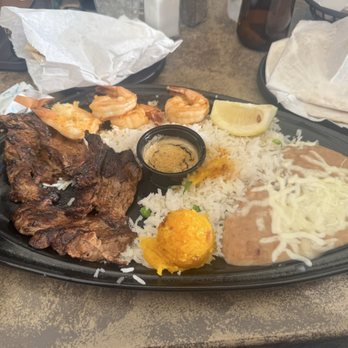 Tequila Jack's - What $26 gets you a small piece of carne asada and 4 shrimps. With lots of rice and beans - Bars Near Me - Long Beach, California