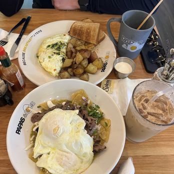 Papas and Eggs - Green Salsa Chilaquiles and Steak Omelette (it's kinda small) - Breakfast & Brunch Near Me - San Jose, California