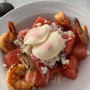 3 Westerly Bar & Grill - Watermelon Salad - additional $17 for 4 pieces of grilled shrimps.  The shrimps are tough. - New American Near Me - Ossining, New York