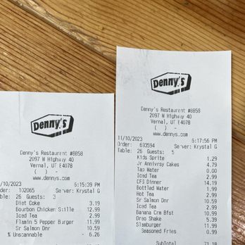 Denny's - Out double charged receipts - American Near Me - Vernal, Utah