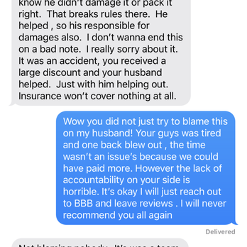 Move For Less - A screenshot of a text message conversation between a customer and a representative from Movers For Less. The customer expresses frustration over blame and accountability related to an insurance claim, mentioning issues with their husband and the company's handling of the situation. The representative responds by clarifying that they were part of a team effort and apologizes for the customer's feelings, wishing them a good Fourth of July. - Movers Near Me - Lagrange , Illinois