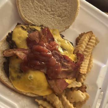 Clover Grill - Basic Bacon Cheeseburger,About a 7" wide patty with a smattering of crinkle cut fries. - Diners Near Me - New Orleans, Louisiana