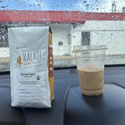 Kaladi Coffee Roasters - Iced flavored latte and a bag of their Burundi whole beans.