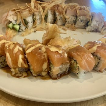 Maki Noho - Double salmon roll & blooming onion roll - Japanese Near Me - North Hollywood, California Maki Noho - Double salmon roll & blooming onion roll - Japanese Near Me - North Hollywood, California