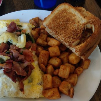 Mama Lor's Cafe - Spin Art omelette with bacon, union spuds, and sourdough toast - Cafes Near Me - Webster, New York Mama Lor's Cafe - Spin Art omelette with bacon, union spuds, and sourdough toast - Cafes Near Me - Webster, New York