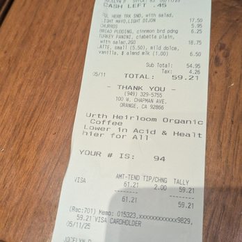 Urth Caffé - Orange - My receipt - Coffee & Tea Near Me - Orange, California Urth Caffé - Orange - My receipt - Coffee & Tea Near Me - Orange, California