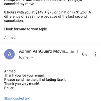VanGuard Moving Express - My email to Bauer. After his first reply, I never heard from him again. - Movers Near Me - Fairfax, Virginia