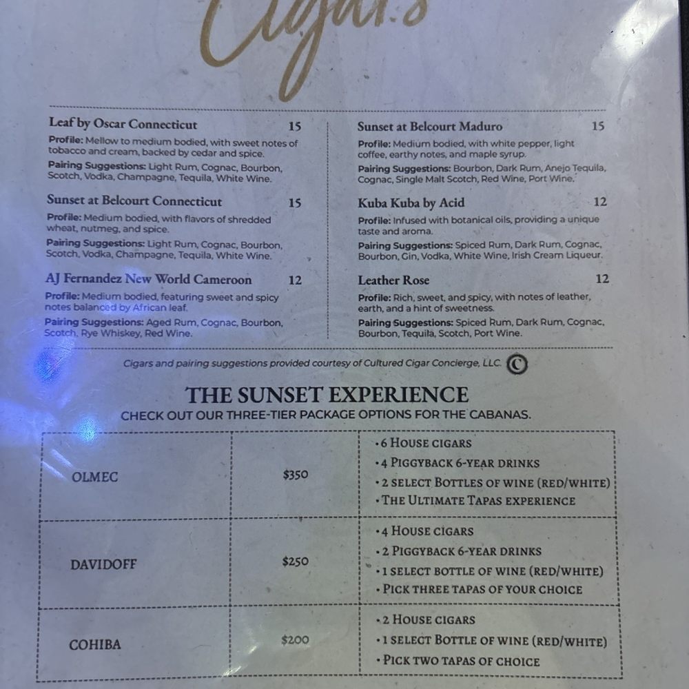Sunset Lounge - Cigar menu - Cigar Bars Near Me - Nashville, Tennessee