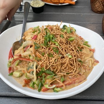Firefly Restaurant - Peanut thai noodles and chicken. 3/5. Cooked well. Swimming in bland sauce. - Tapas/Small Plates Near Me - Traverse City, Michigan