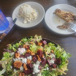 Beet Salad w/candied walnuts & freas blue cheese w/balsamic dressing. Hot grilled mosit chicken breast and a side of Mac Salad Beet Salad w/candied walnuts & freas blue cheese w/balsamic dressing. Hot grilled mosit chicken breast and a side of Mac Salad