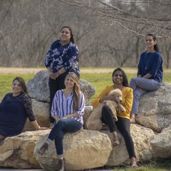 Family Dentistry of Buda - Meet our team. Left to Right Jasmine(Dental Asst), Patricia( Office Manager), Diana (Dental asst), Dr. Rajita Kodali and Dr. Pavithra Swami.