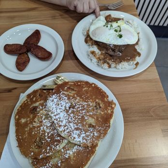 Aloha Stacks - Top, Portuguese Sausage and Loco Moco Bottom, Banana Mac pancakes - Pancakes Near Me - El Monte, California Aloha Stacks - Top, Portuguese Sausage and Loco Moco Bottom, Banana Mac pancakes - Pancakes Near Me - El Monte, California