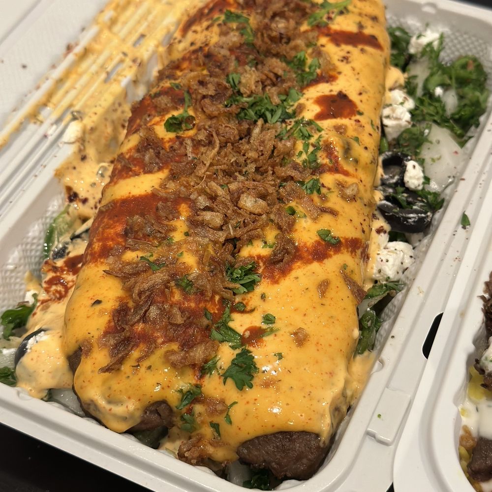 Beef kofta with spicy garlic sauce & medium hot sauce (regular size) (includes salad or rice)
