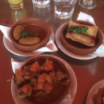 Costa Brava - lamb skewers in front, ham croquettes in back (comes w/ 3 but we ate 1) - Tapas Bars Near Me - San Diego, California Costa Brava - lamb skewers in front, ham croquettes in back (comes w/ 3 but we ate 1) - Tapas Bars Near Me - San Diego, California