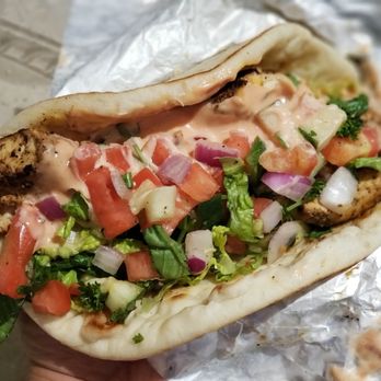 904 Saffron - Chicken Shawarma; a close up look. Generously loaded. - Mediterranean Near Me