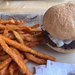 MOOYAH Burgers, Fries & Shakes - Sweet potato fries that are seasoned with salt and pepper and not sweet, but rather savory. GREAT gf bun!