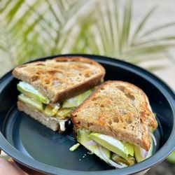 Arcade Downtown - Veggie Sandwich | bakehouse sourdough, roasted peppers, avocado, english cucumber, roasted garlic kewpie