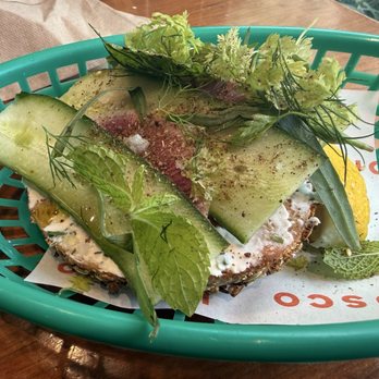 Cafe Brusco - Photo 9: The Bartavelle on a Fennel & Orange Half-Bagel - Coffee & Tea Near Me - Berkeley, California