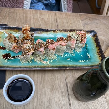 Sushi Lab Rooftop - Matcha crunch roll $18 with a small warm sake $16 - Japanese Near Me - New York, New York Sushi Lab Rooftop - Matcha crunch roll $18 with a small warm sake $16 - Japanese Near Me - New York, New York