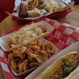 Cornbread combo with fries and a pie, three little dogs with toppings, side of chips! Cornbread combo with fries and a pie, three little dogs with toppings, side of chips!