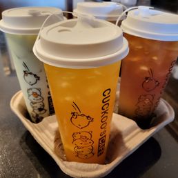 Passion fruit tea, honey dew milk tea, coffee milk tea, and peach fruit tea~