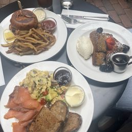 Blackened Fish Sandwich with Tartar Sauce, Eggs with Avocado, Lox and Toast, and the Cornbread crusted French Toast Blackened Fish Sandwich with Tartar Sauce, Eggs with Avocado, Lox and Toast, and the Cornbread crusted French Toast