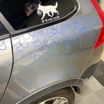 Dent Time - BEFORE PDR, there were literally dozens of dents from hail damage; each dent is circled in blue. - Body Shops Near Me - Escondido, California Dent Time - BEFORE PDR, there were literally dozens of dents from hail damage; each dent is circled in blue. - Body Shops Near Me - Escondido, California