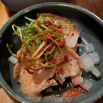 Oloroso - Pork belly with pickled radish, kimchi scallions, and roasted pear - Spanish Near Me - Philadelphia, Pennsylvania Oloroso - Pork belly with pickled radish, kimchi scallions, and roasted pear - Spanish Near Me - Philadelphia, Pennsylvania
