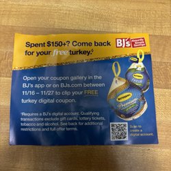 BJ's Wholesale Club - Coupon paper for the turkey