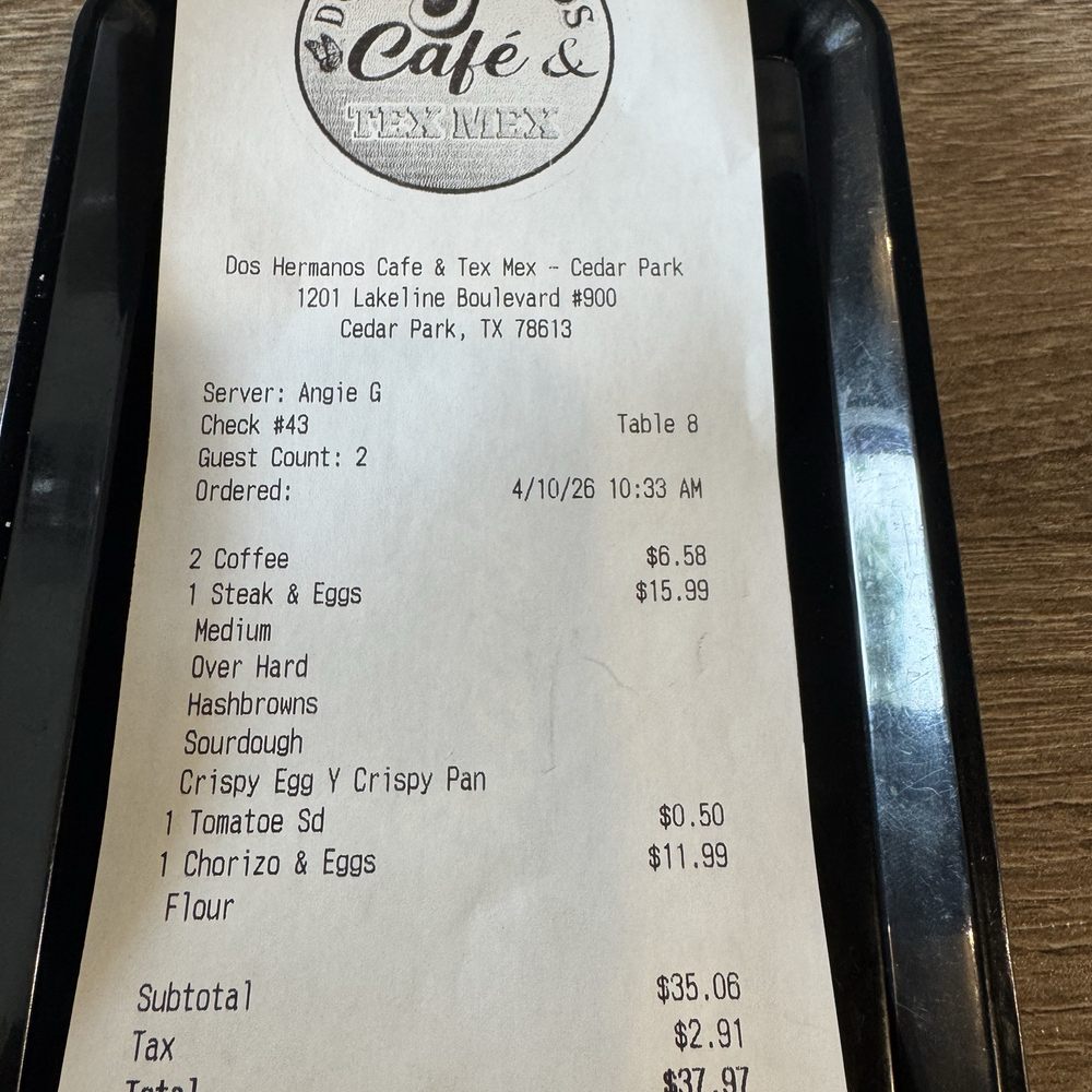Dos Hermanos - The receipt. Not bad! - Bars Near Me - Cedar Park, Texas