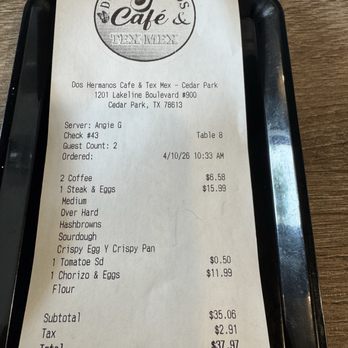 Dos Hermanos - The receipt. Not bad! - Bars Near Me - Cedar Park, Texas Dos Hermanos - The receipt. Not bad! - Bars Near Me - Cedar Park, Texas