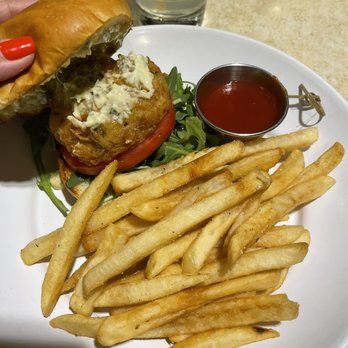 Nico's Pier 38 - Crab Cake Burger. Sauce is insanely spicy - Seafood Near Me - Honolulu, Hawaii
