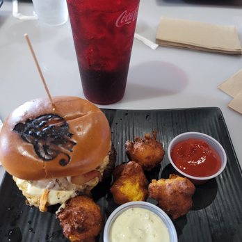 Bleus Burger - Jalapeno Popper Burger with Corn Fritters and Jalapeno Cilantro tarter sauce dip and ketchup - Burgers Near Me - Gulf Shores, Alabama