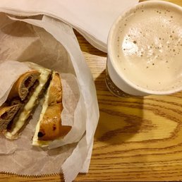 Egg, Cheese, Turkey Sausage on a Cinnamon Raisin Bagel & Black Tea Latte Egg, Cheese, Turkey Sausage on a Cinnamon Raisin Bagel & Black Tea Latte