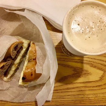 Gunther Tooties - Egg, Cheese, Turkey Sausage on a Cinnamon Raisin Bagel & Black Tea Latte - Breakfast & Brunch Near Me - Quincy, Massachusetts Gunther Tooties - Egg, Cheese, Turkey Sausage on a Cinnamon Raisin Bagel & Black Tea Latte - Breakfast & Brunch Near Me - Quincy, Massachusetts