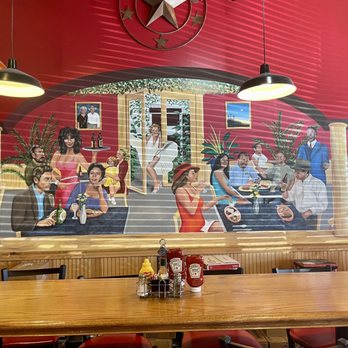 Spinns Burger & Beer - Bar area long table with wall mural - American Near Me - Albuquerque, New Mexico