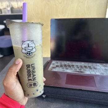 Urban Bubble - Mixed up matcha Strawberry Matcha Latte and computer for homework - Bubble Tea Near Me - San Diego, California Urban Bubble - Mixed up matcha Strawberry Matcha Latte and computer for homework - Bubble Tea Near Me - San Diego, California