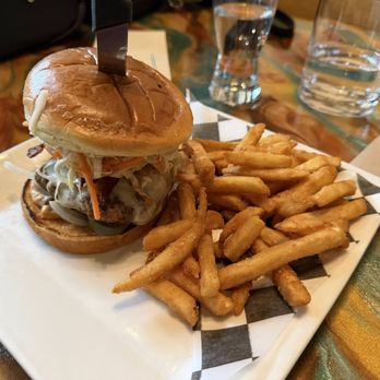 Venti's Cafe + Basement Bar - Rooster Burger (meat) with Fries - New American Near Me - Salem, Oregon