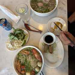 Rare steak pho, seafood pho, pork fried dumplings