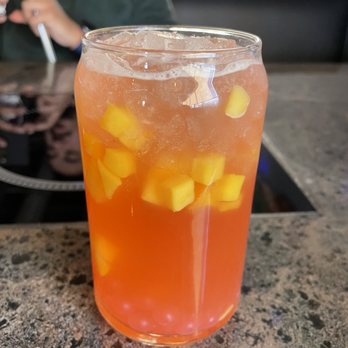 Boba Lounge and cafe - Strawberry green tea with mango bits and strawberry poppers - Bubble Tea Near Me - Bowling Green, Kentucky