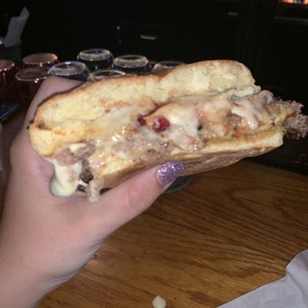 Drake's - PB and j burger with Brie cheese and strawberry bacon jam - American Near Me - Franklin, Tennessee Drake's - PB and j burger with Brie cheese and strawberry bacon jam - American Near Me - Franklin, Tennessee