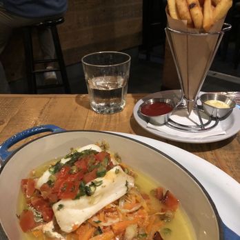 Brussels Bistro - The Sea Bass with the cone of fries - Belgian Near Me - Laguna Beach, California