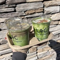 Matcha with hojicha cream and matcha with banana cream