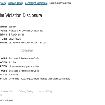 Horusicky Construction - Screenshot of CSLB Violations including Billing for work not completed - Masonry/Concrete Near Me