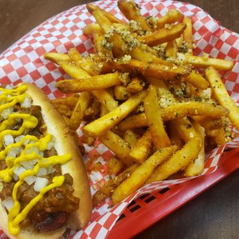 The Rec Pizza & Detroit Eats - Coney dog woth garlic parm fries - Pizza Near Me - Peoria, Arizona The Rec Pizza & Detroit Eats - Coney dog woth garlic parm fries - Pizza Near Me - Peoria, Arizona