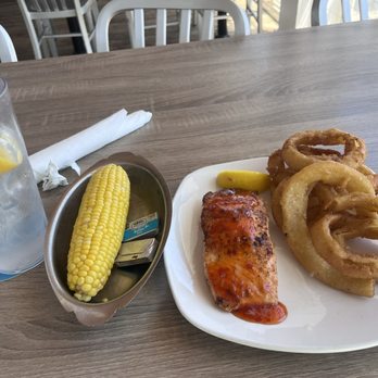 The Claw House - Honey Chili Salmon with my sides of onion rings and corn on the cob - Seafood Near Me - Murrells Inlet, South Carolina