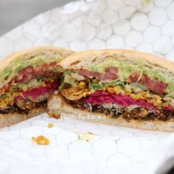 Local Foods - Garden Sammie Sandwich ($12) - brussel sprouts, smashed avocado, hummus, pickled onion, lettuce, tomatoes, curried cauliflower, ciabatta