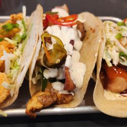 Hi-Lo Taco - Crispy shrimp, chicken bacon ranch, and BBQ chicken tacos