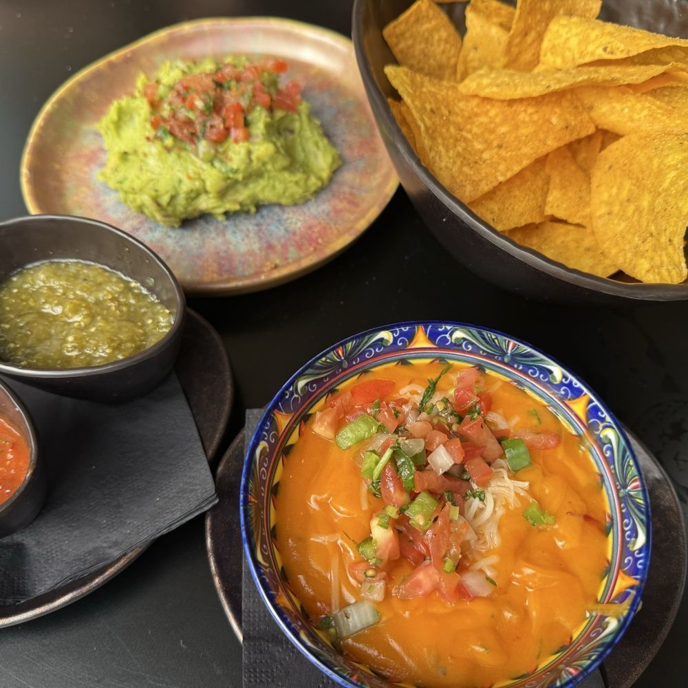 Red and Green Salsa, Guacamole, Queso Red and Green Salsa, Guacamole, Queso