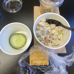 Lotus Moon Cafe - Chicken salad on a cracker and cucumber  pasta salad in the back
